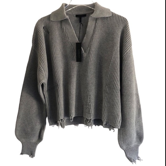 Bobi Black Los Angeles Sweater Distressed Heather Grey Collared V-neck Small - Picture 10 of 10